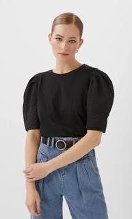 Stradivarius Футболка С Рукавами Со Сборкой По Низу Женская Коллекция Черный L