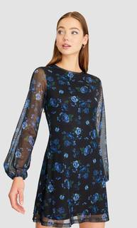 Stradivarius Мини-Платье Из Прозрачной Ткани С Цветочным Принтом Женская Коллекция Синий Электрик M