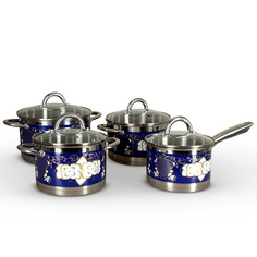 Набор кастрюль 18см, 20см, 24см и соусник 16см с крышками Pomi dOro P-640549 Fiore blue