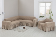 Комплект чехлов на угловой диван и кресло с оборкой Venera Жаккард, светло-коричневый