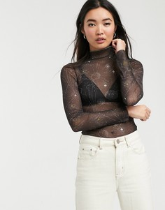 Черный сетчатый топ с принтом Monki-Серебряный