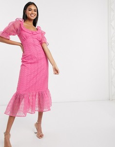 Платье макси с глубоким вырезом и вышивкой ришелье ASOS DESIGN-Розовый