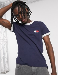 Темно-синяя футболка с логотипом и контрастной отделкой серого цвета Tommy Jeans-Темно-синий