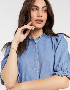 Синяя джинсовая блузка с рукавами-фонариками и высоким воротом Vero Moda-Синий