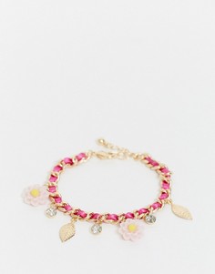 Золотистый браслет с подвесками в форме цветков и листьев ASOS DESIGN-Розовый