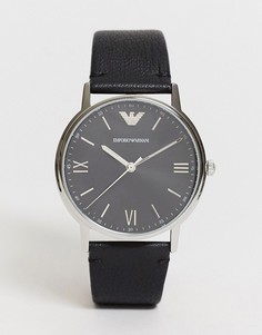 Черные часы с кожаным ремешком Emporio Armani-Черный