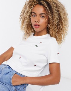 Белая футболка с вышитыми розами Lacoste-Белый