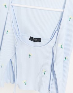 Голубой топ от комплекта с цветочной вышивкой Bershka-Синий