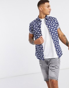 Темно-синяя рубашка узкого кроя с принтом ASOS DESIGN-Темно-синий