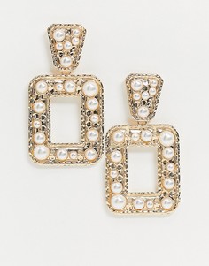 Броские золотистые серьги-подвески с искусственным жемчугом Pieces-Золотой