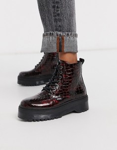 Кожаные ботинки винного цвета на массивной подошве со шнуровкой Bronx-Красный