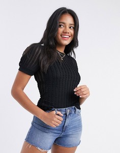 Черная фактурная футболка с пышными рукавами River Island-Черный
