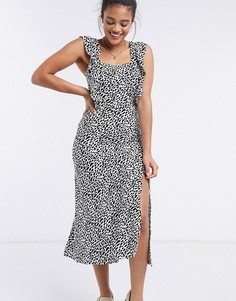Коричневое платье миди с леопардовым принтом и разрезом River Island-Черный