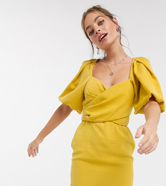 Платье мини горчичного цвета с запахом и объемными рукавами ASOS DESIGN Petite-Желтый