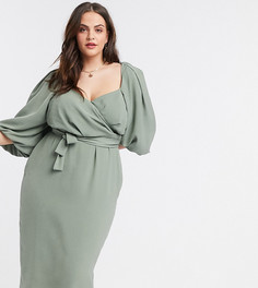 Платье миди цвета хаки с запахом и пышными рукавами ASOS DESIGN Curve-Зеленый