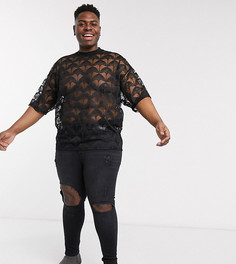 Кружевная свободная футболка с рукавами до локтя ASOS DESIGN Plus-Черный