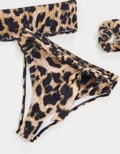 Присборенные плавки-бикини с высоким вырезом бедра и леопардовым принтом Missguided-Мульти