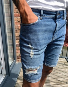 Синие рваные джинсовые шорты скинни ASOS DESIGN-Синий