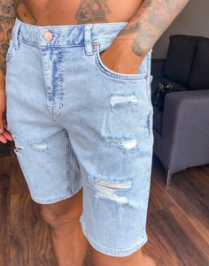 Голубые рваные джинсовые шорты скинни ASOS DESIGN-Синий