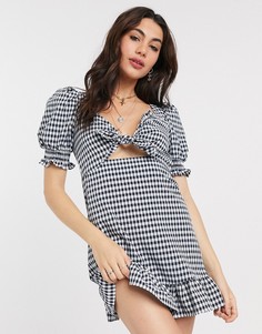 Темно-синее платье мини в клетку с завязкой и пышными рукавами Topshop-Синий