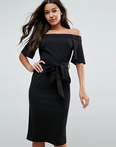 Платье миди с открытыми плечами и завязкой ASOS-Черный