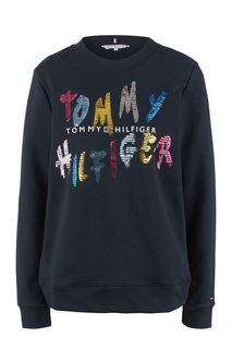 Синий хлопковый свитшот с отделкой пайетками Tommy Hilfiger