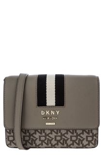 Маленькая бежевая сумка с монограммой бренда Dkny