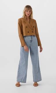 Stradivarius Укороченный Двубортный Пиджак Женская Коллекция Бежевый S