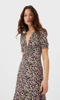 Stradivarius Платье Миди С Воланами И Цветочным Принтом Женская Коллекция Multicolor S