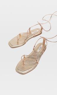 Stradivarius Сандалии На Плоской Подошве С Тонкими Ремешками-Завязками Женская Коллекция Золотистый 36