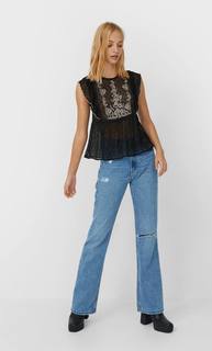 Stradivarius Топ Из Полупрозрачной Ткани С Вышивкой Женская Коллекция Черный S