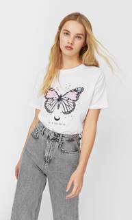Stradivarius Футболка Со Стразами И Короткими Рукавами Женская Коллекция Белый M