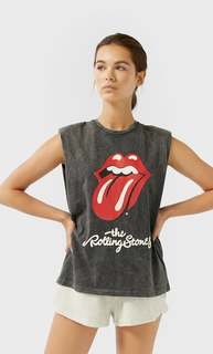Stradivarius Топ С Логотипом Rolling Stones И Подплечниками Женская Коллекция Темно-Серый L