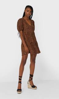 Stradivarius Короткое Платье С Рукавами-Фонариками Женская Коллекция Цвет Темной Верблюжьей Шерсти S