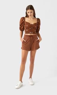 Stradivarius Топ Со Сборкой Женская Коллекция Цвет Темной Верблюжьей Шерсти Xs