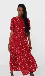 Stradivarius Длинное Платье С Объемными Рукавами Женская Коллекция Красный S