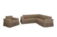 Комплект чехлов на угловой диван и кресло с оборкой Venera "Жаккард", цвет: коричневый