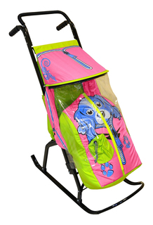 Санки-коляска Скользяшки Снегурочка Собачка розовые с салатовым