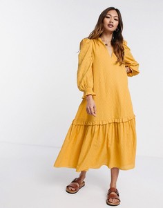 Свободное платье-трапеция миди горчичного цвета в горошек добби ASOS DESIGN-Желтый