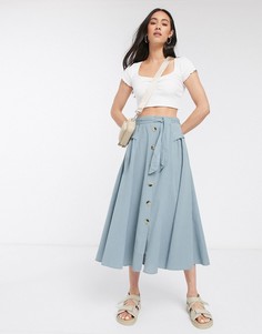 Синяя юбка миди с поясом и пуговицами ASOS DESIGN-Мульти