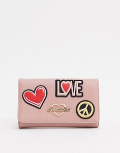 Розовый кошелек с нашивками и ремешком-цепочкой Love Moschino