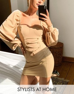 Бежевое платье мини с чашечками и шнуровкой ASOS DESIGN-Коричневый