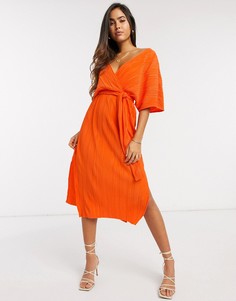 Оранжевое плиссированное платье миди с запахом и широкими рукавами Y.A.S-Оранжевый