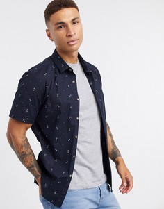 Темно-синяя узкая рубашка с принтом якорей ASOS DESIGN-Темно-синий