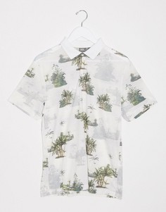 Поло с добавлением льна и принтом листьев ASOS DESIGN-Белый