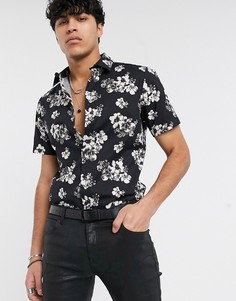 Черная приталенная рубашка с цветочным принтом ASOS DESIGN-Черный