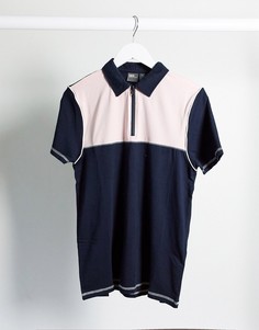 Темно-синяя узкая футболка-поло с молнией и контрастной кокеткой ASOS DESIGN-Темно-синий