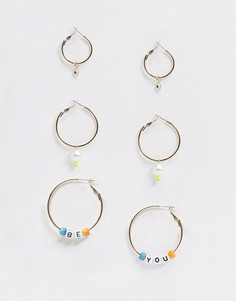 Набор из 3 пар золотистых серег-колец с подвесками ASOS DESIGN-Золотой