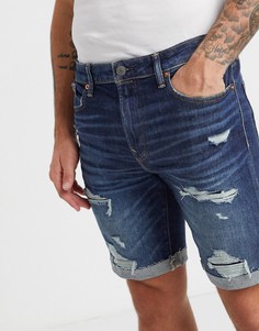 Темные джинсовые шорты с состаренной отделкой American Eagle-Синий