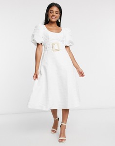 Белое фактурное платье миди с пышными рукавами и поясом ASOS DESIGN-Белый
